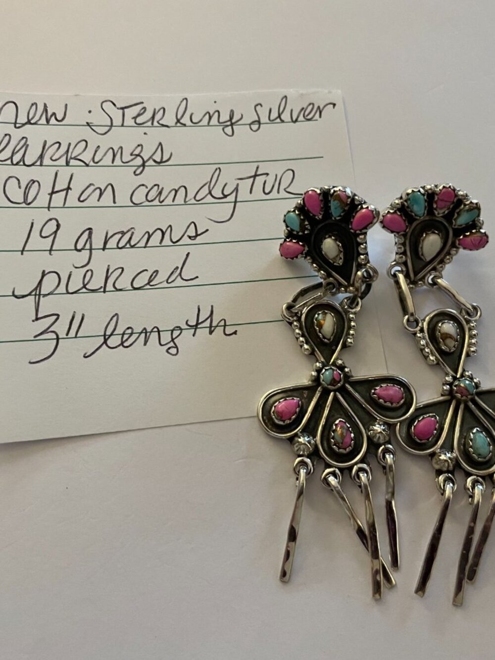 NEW Sterling Silver Earrings Native Inspired Cotton Candy Turquoise 19 grams - Picture 8 of 10